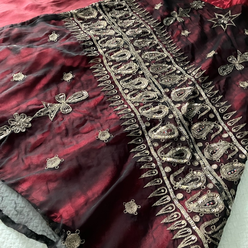 Elegant Burgundy and Black Embroidered Indian Sari Skirt